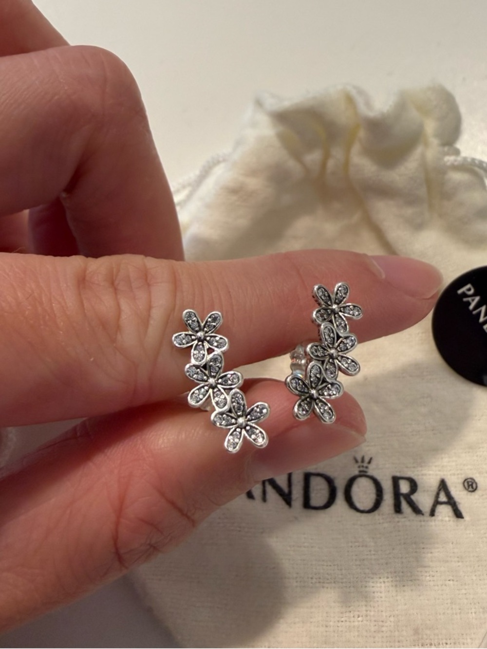 Pandora Silver Daisy Floral Ear Climbers w/ Cubic Zirconia